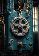 Close-up of a large gear mechanism. Rusty, aged, industrial machinery.  Dark teal panel.  Chains, window