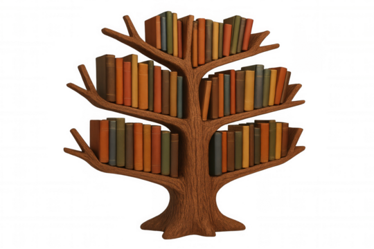 Wooden tree-shaped bookshelf displaying colorful volumes, symbolizing learning and knowledge growth against transparent backdrop