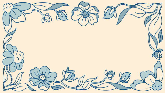 16:9 horizontal floral banner or wide frame for text. Perfect for romantic greetings or cards. Features blue flowers and ample copy space for custom text. Ideal for invitations or digital designs.