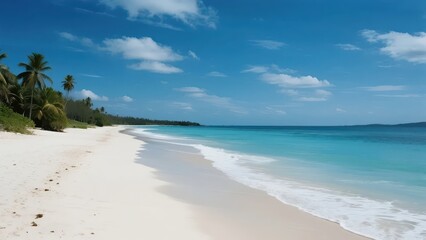 Fototapeta premium Tropical beach with turquoise water and white sand under blue sky, embodying serene vacation bliss 