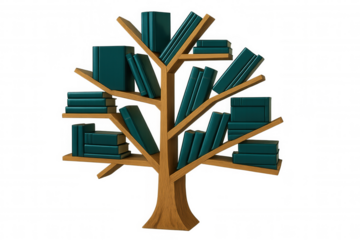 Teal books arranged on tree-shaped wooden bookshelf, representing knowledge expansion against transparent backdrop, conveying intellectual growth concept