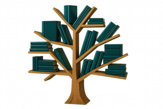 Teal books arranged on tree-shaped wooden bookshelf, representing knowledge expansion against transparent backdrop, conveying intellectual growth concept - Powered by Adobe