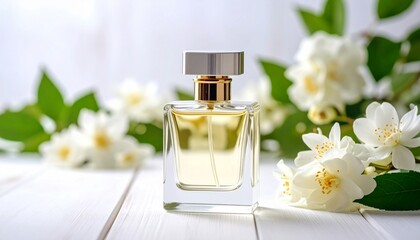 Concept Of Female Perfume On White Wooden Table
