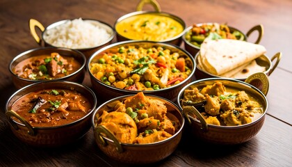 Diverse assortment of indian dishes served in small copper bowls.