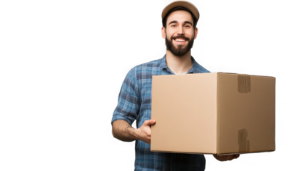 Smiling Delivery Man Holding Cardboard Box, Shipping and Postal Services on transparent background