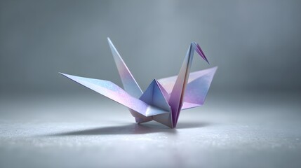 Elegant Iridescent Origami Crane with Shimmering Pastel Colors on a Soft Grey Background