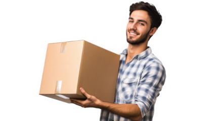 Smiling man holding cardboard box for delivery, shipping or moving on transparent background
