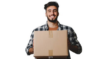 Smiling Man Holding Cardboard Box, Delivery, Shipping on transparent background