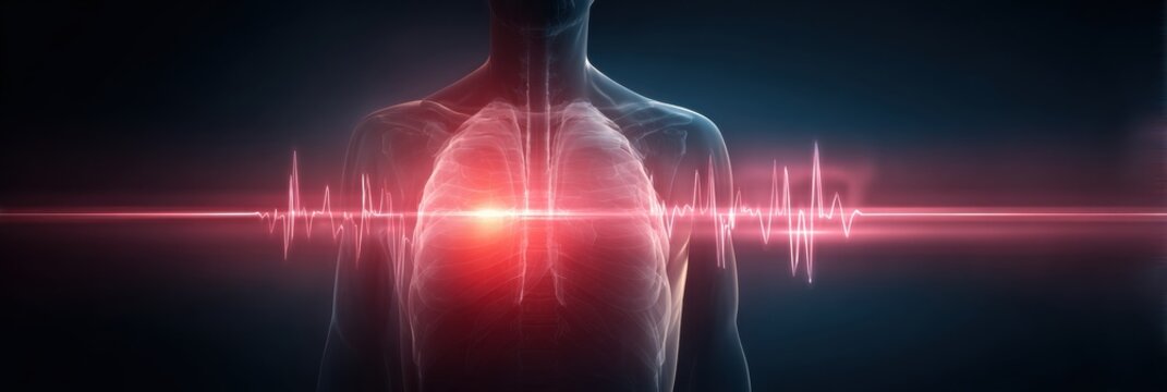 Visualization of Human Lungs With Heartbeat and Pulse Line Against Dark Background - Powered by Adobe
