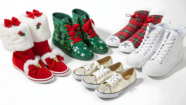 Six Christmas Themed Shoes Festive Footwear Collection Red Green White Gold Glitter Snowflake Plaid Boots Sneakers Winter Holiday Apparel