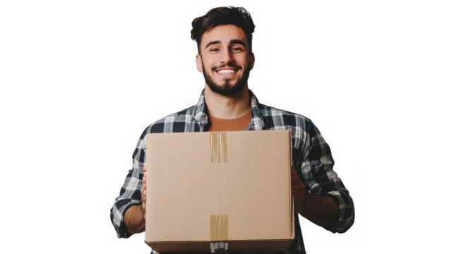 Smiling Man Holding Cardboard Box, Delivery, Shipping on transparent background
