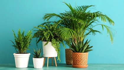 Assorted houseplants in decorative pots against a teal wall.