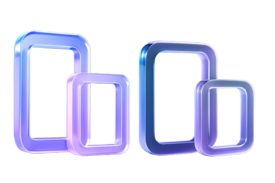 Abstract 3d blue background wallpaper with glass holographic transparent frames. Rectangle shapes crystal borders with light purple pink gradient. Render digital graphic tech banner