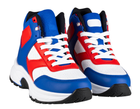 “Pair of Colorful Children’s Basketball Shoes with Dynamic Side View, isolated on a transparent background”.