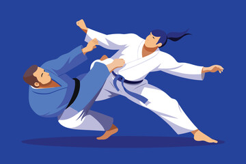 Judo match illustration showing a throw in progress with two athletes
