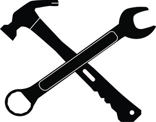 Iconic Silhouette of Crossed Hammer and Wrench, Symbolizing Construction, Repair, and Manual Labor