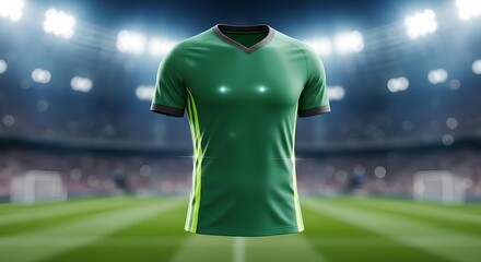 Futuristic green football jersey with smart technology floating in a brightly lit professional stadium for a championship match