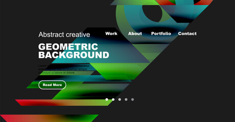 Modern website mockup features geometric design. Bold text, navigation menu, vibrant colors create visual impact. Simple layout.