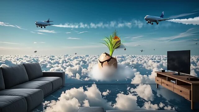 Surreal scene of a floating couch in clouds with an airplane above and a plant sprouting from an egg
