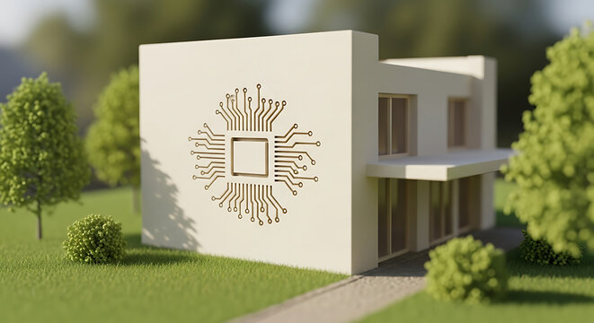 Modern minimalist house facade with integrated circuit pattern design symbolizing smart home technology and futuristic architecture