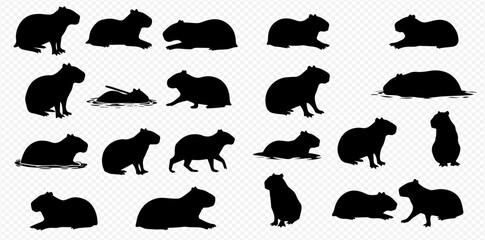 A collection of black capybara silhouettes in various poses, including sitting, standing, walking, and lying down.