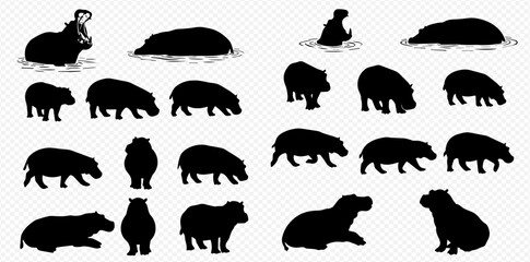 A graphic collection of black hippopotamus silhouettes in various poses like swimming, standing, and yawning.