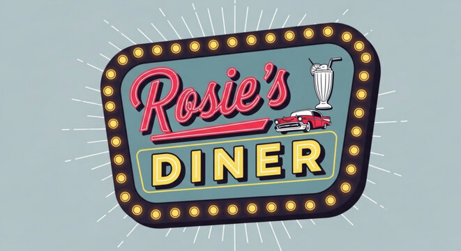 Rosie's diner vintage retro sign with milkshake and car vector illustration for restaurant advertising
