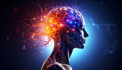 Detailed illustration of a human head and brain anatomy.