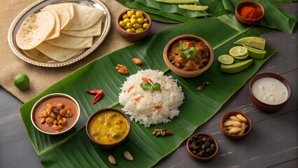 Thali, rice meal served on banana leaf, Kannur, Kerala, India - isolated