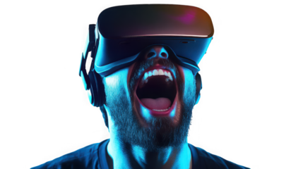 Man with VR headset, experiencing virtual reality, mouth open on transparent background