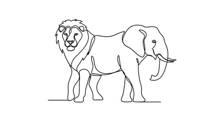 Fototapeta premium Lion elephant hybrid continuous line art vector drawing african wildlife animal illustration design concept