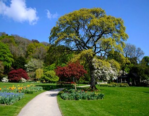 Obraz premium Idyllic park landscape with vibrant flora and winding path beneath open skies