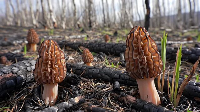 Brown Morel Mushrooms Emerging From Burned Forest Floor