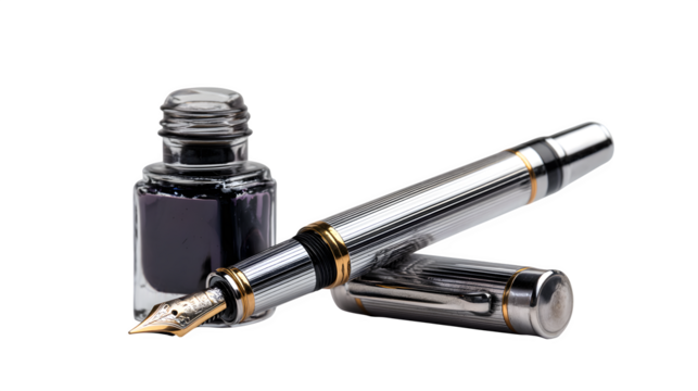 Elegant fountain pen and ink bottle, perfect for luxury branding, design, and creative projects
