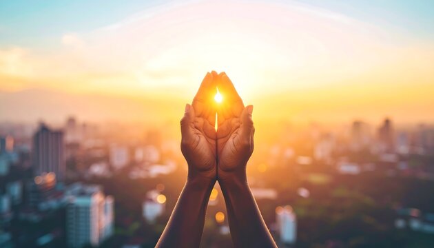 Hands cupping the setting sun over a cityscape.
