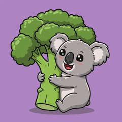 Cute cartoon koala hugging broccoli with a big smile on a purple background.