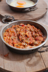 closeup of turkish menemen on a table 