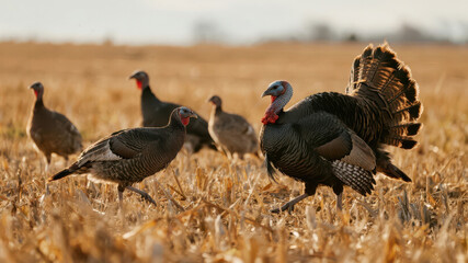 Wild turkeys foraging in a dry grass field during autumn