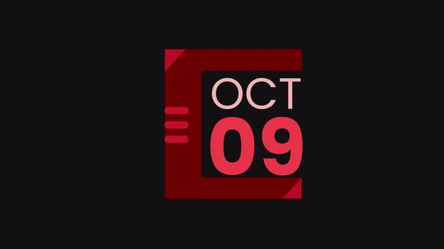 9th October calendar icon animation. Alpha matte with transparent background 4K resolution.