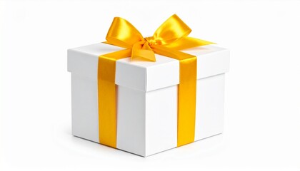 White Gift Box Tied Yellow Ribbon Bow Isolated On White Backgrou