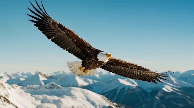 Bald Eagle Soaring Over Snow-Capped Mountains Under Clear Blue Sky in an Expansive Natural Landscape