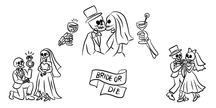 Day of the Dead Wedding celebration. A playful collection of retro-style Halloween line art illustrations, cute and slightly creepy, drawn in bold black ink. a retro-feminine style.Halloween-inspired 