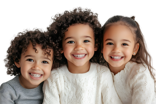 A joyful photo featuring three children with cheerful faces enjoying their time together