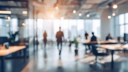 Abstract blurred interior of modern corporate office with large panoramic windows, bright natural lighting, contemporary workspace design, and business people working in professional environment banne