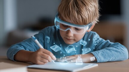 Young Boy Engaged in Creative Science Project With Digital Elements in Modern Learning Environment