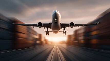 cargo plane taking off, symbolizing fast freight delivery and trade opportunities