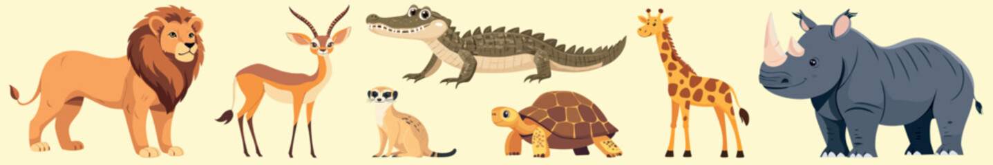 Fototapeta premium Wildlife cartoon animals illustration, element vector set