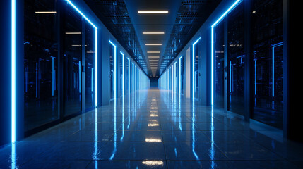 Servidores en data center con LEDs azules, pasillo infinito, 24mm, perspectiva dramática, luz fría, brillos controlados