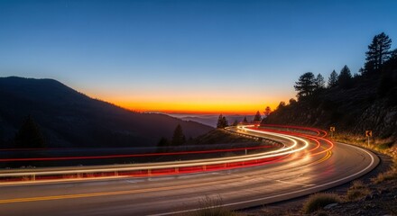Fototapeta premium Winding Mountain Road at Sunset with Car Light Trails