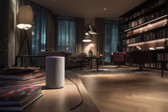 Smart home: asistente de voz y l&aacute;mparas conectadas en sala moderna c&aacute;lida